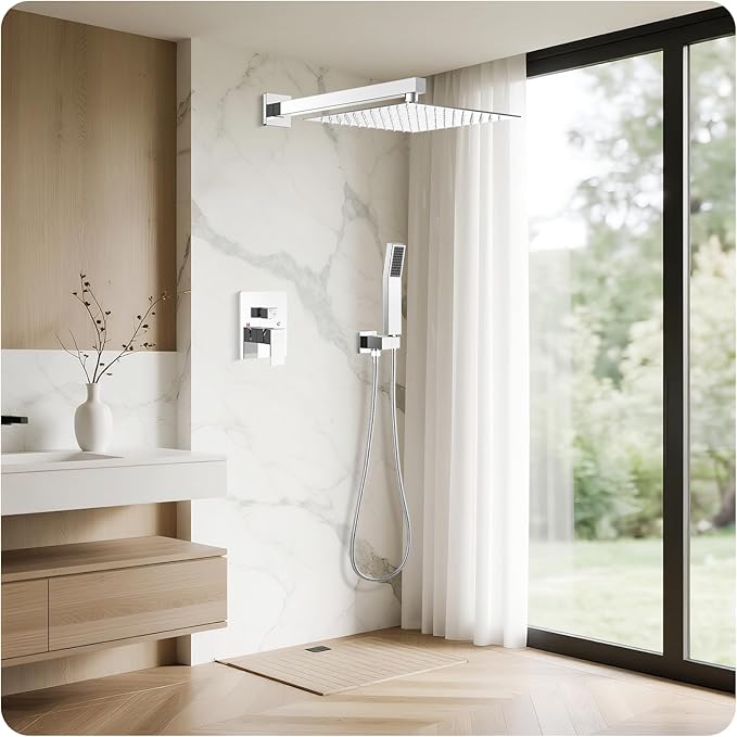 Chrome Shower Faucet Set, 10 inch Rain Shower System with Pressure Balance Valve, Wall Mounted 2-Functions Bathroom Shower Systems with Rain Shower and Handheld Spray Shower Trim Included