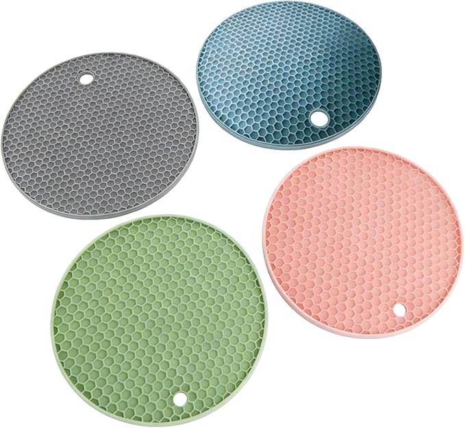 4-Pack Silicone Jar Openers and Trivet Mats, Non-Slip Gripper Pads for Seniors and Weak Hands, Round Textured Hot Pads for Kitchen Counter, Hot Dishes, and Easy Lid Opening (17.5cm)
