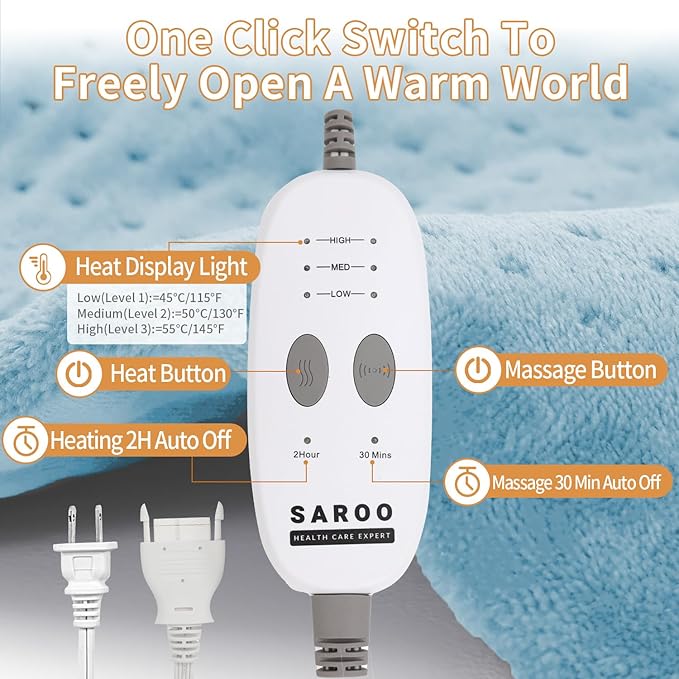 SAROO Heating Pad for Back Pain Relief,Massaging Weighted Heating Pads for Neck, Shoulder,Cramp,Portable Heated Pad with 3 Heat Settings & 6 Massage,18 Relaxing Combinations,Auto Off,12"*24",Sky Blue