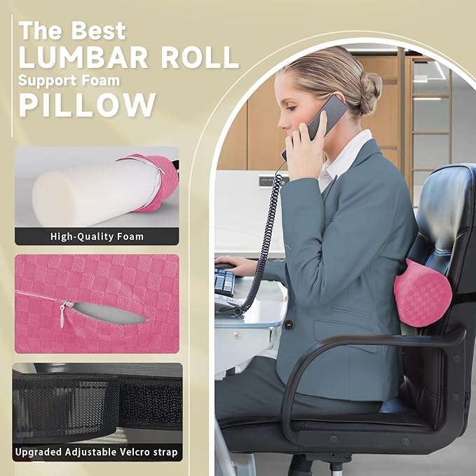 Lumbar Roll Pillow for Lower Back, Lumbar Support Foam Roll Cushion with Pillowcase and Upgraded Strap for Office, Chair, Car, Seat Pain Relief & Improving Posture (Pink, Short-11 * 4.3'')