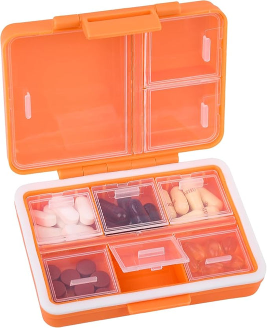 9-Grid Pill Organizer,Portable Pill Box,Large Capacity Compartments,Travel Pill Container,Medicine Dispenser,Pill Purse,Pill Case for Vitamins, Fish Oils or Supplements（Orange）