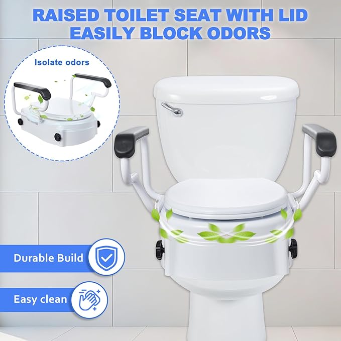 Raised Toilet Seat with Handles - Adjustable Height - Add 5 inches - Toilet Seat Risers for Seniors - Supports 300lbs - for Standard/Round Toilet, Includes Lid, Elevated Toilet Seat, White