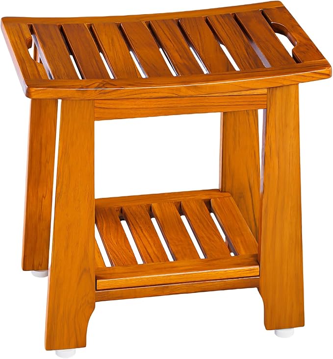 21" Standard Teak Shower Bench with Shelf & Handle - Waterproof, Non-Slip Bath Stool, 300 lbs Capacity - Fits Standard Tubs/Showers & Outdoor Use (Patented)