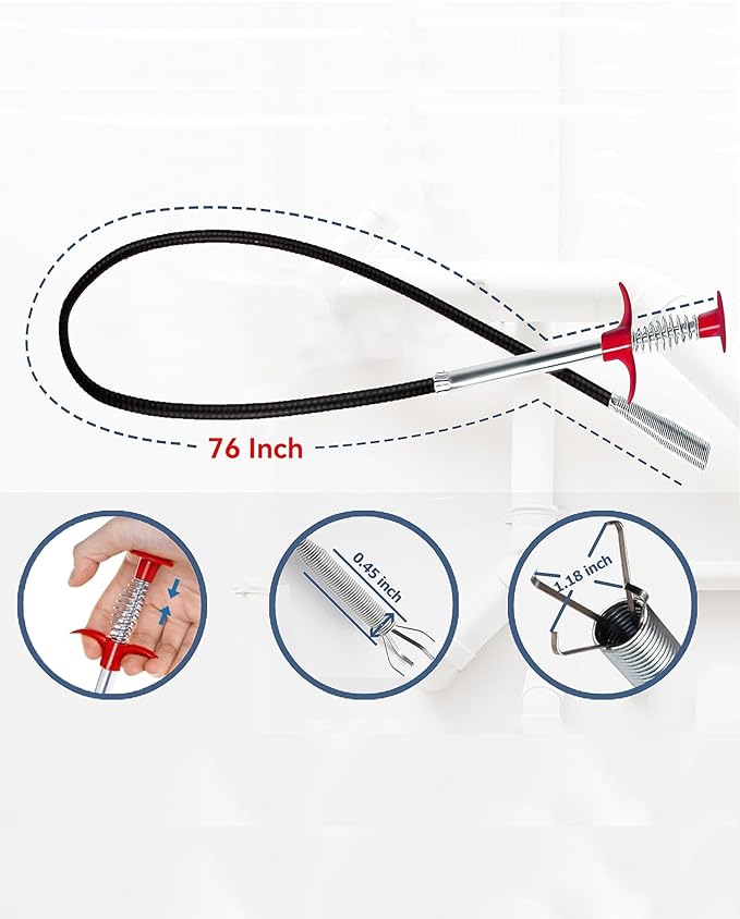 76 Inch Drain Snake Clog Remover, Flexible 4-ClawGrabber Tool, Toilet Sink Shower Drain Cleaner for Hair Removal