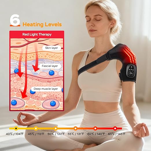 Red Light Heated Shoulder Wrap with Massage, Cordless Shoulder Heating Pad for Rotator Cuff Pain Relief, Rechargeable Shoulders Brace for Men Women, Left