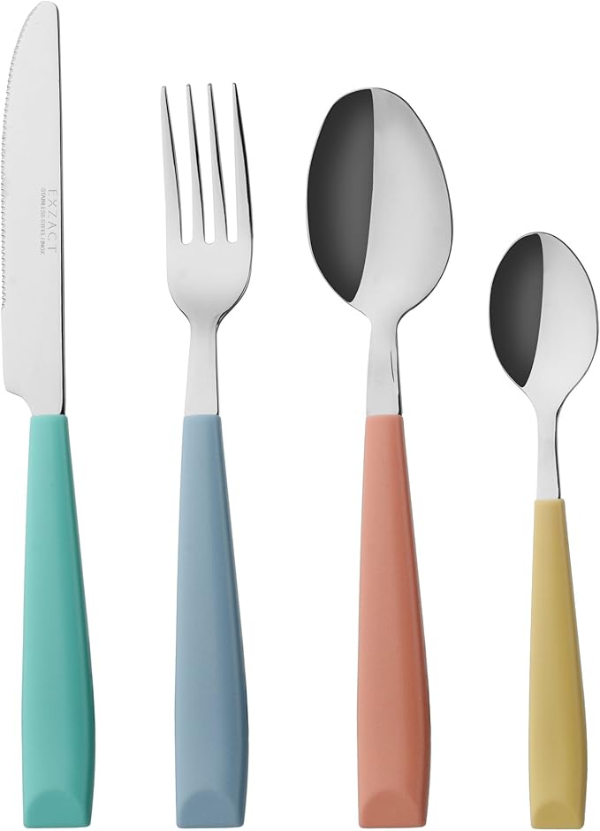 EXZACT 24-Piece Flatware Set for 6 – Mixed Colored Stainless Steel Cutlery with Wide Plastic Handles – Comfortable Tableware: Forks, Knives, Spoons, Teaspoons