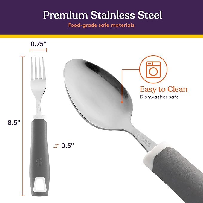 Special Supplies Adaptive Utensils 5-Piece Set Non-Weighted, Non-Slip Handles for Hand Tremors, Arthritis, Parkinson’s or Elderly Use - Stainless Steel Knife, Rocker Knife, Fork, Spoons (Grey)
