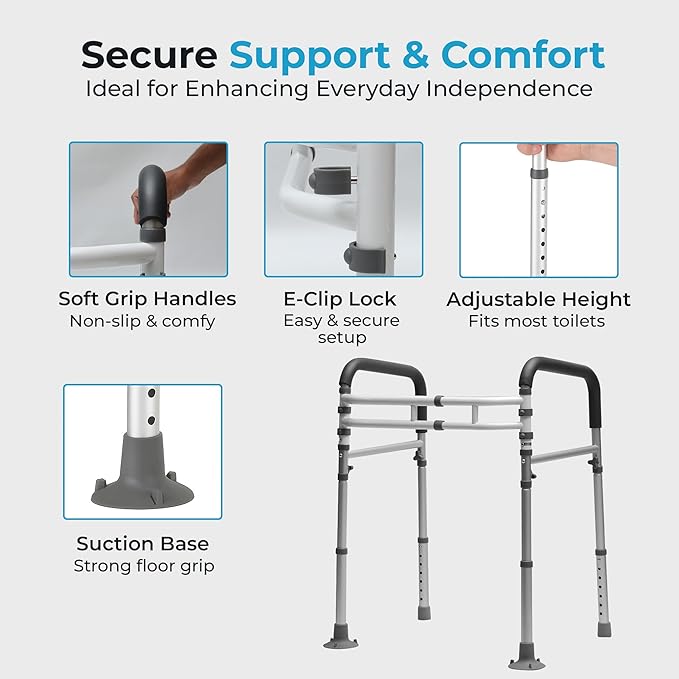 Toilet Safety Rails with Handles – Adjustable Toilet Safety Frame for Seniors, Handicap & Disabled, Toilet Assistance for Elderly, Heavy-Duty Anti-Slip Support - Fits All Toilets (Black)