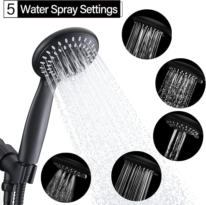 Shower Head with Handheld, Briout 5-Settings Showerhead High Pressure Powerful Water Spray Shower Head with Stainless Steel Hose and Adjustable Mount, Matte Black