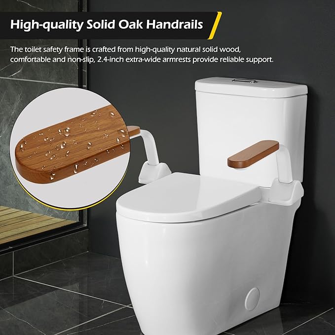 Dyna-Living Toilet Safety Rails 480lbs Toilet Safety Frame with Flip Up Non-Slip Wooden Armrest Handicap Toilet Rails, Toilet Assist Devices for Seniors Toilet Support Bars Toilet Riser for Elderly