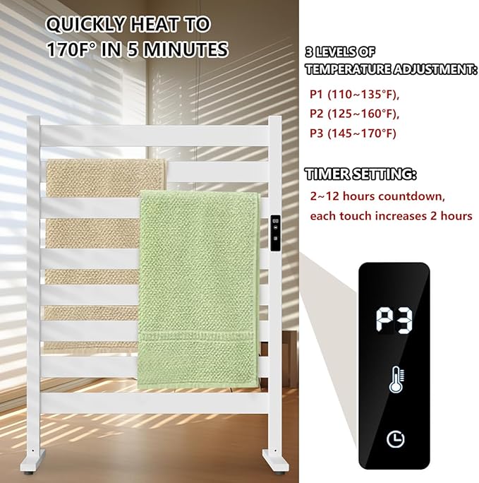 Verida Towel Warmer for Bathroom, Heated Towel Rack, Upgraded Extra-Wide Heating Area, Built-in Timer and Temperature Adjustment, Large Free-Standing Heated Towel Racks, White 8 Bar Large