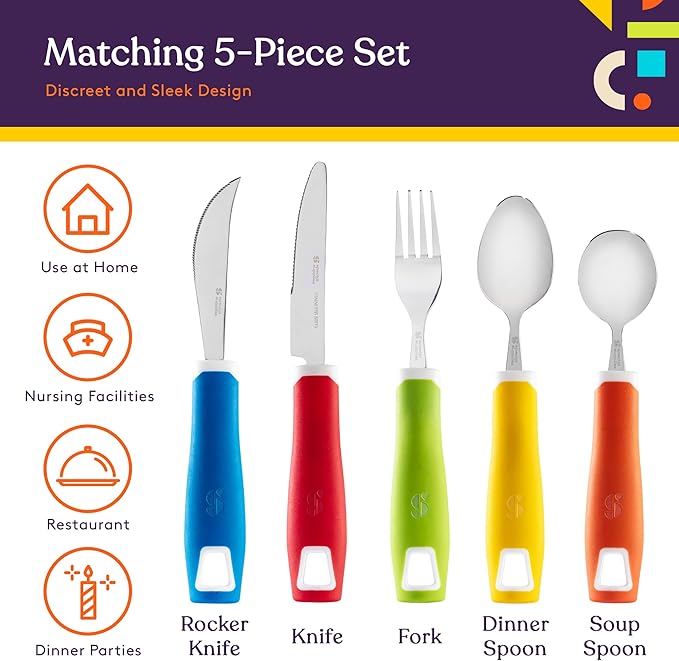 Special Supplies Adaptive Utensils (5-Piece Kitchen Set) Wide, Non-Weighted, Non-Slip Handles for Hand Tremors, Arthritis, Parkinson’s or Elderly Use - Stainless Steel Knives, Fork, Spoons