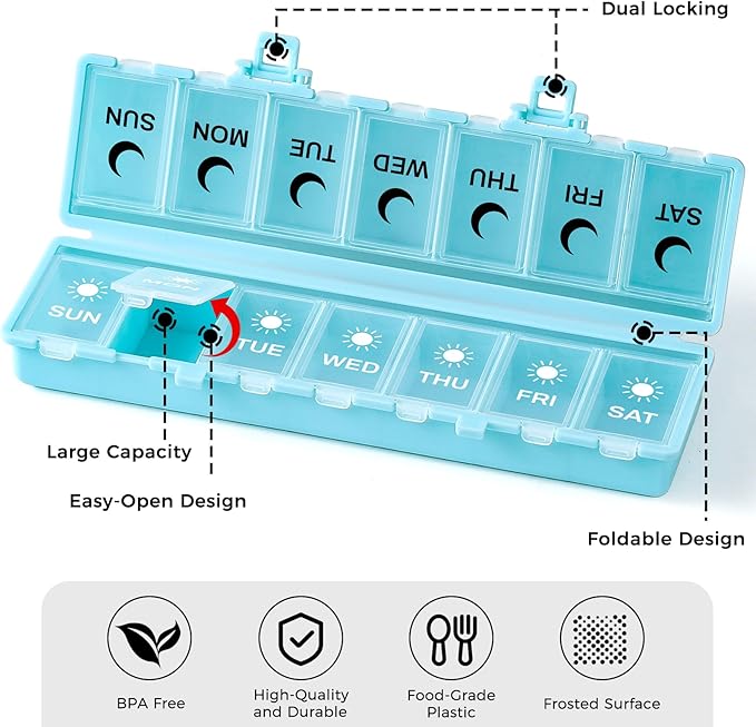 Foldable Pill Organizer Weekly 2 Times a Day, 7 Day Portable AM PM Travel Pill Case with Black&White Labels, Dual-Protection Daily Medicine Box, Large Pill Container for Vitamin/Supplement-Blue