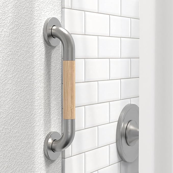 Safety Grab Bar for Bathroom & Toilet, Natural Bamboo Handle, ADA Compliant Balance Assist Handrail for Handicap and Seniors, 12in Brushed Nickel