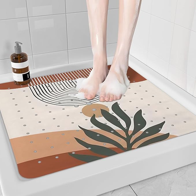 Leaves Square Anti Slip Shower Mats for Inside Shower Accessories, Boho Bath Mats for Bathroom Non Slip Shower Floor Mat Decor Rubber Bathmat with Suction and Drain Holes Machine Washable, 21″X21″
