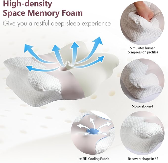 Cervical Neck Pillow for Sleeping, Adjustable Ergonomic Pillow, Contour Neck Support Side Sleeper Pillows for Adults, Memory Foam Pillow for Neck and Shoulder Pain Relief, Back,Stomach Sleeper