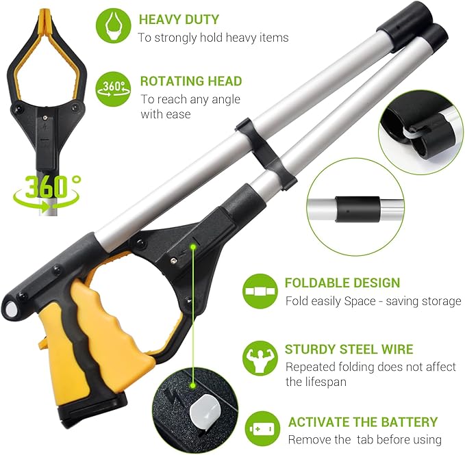 32" Reacher Grabber Tool, Rotating Head with LED Light & Magnetic Tip, Aluminum Lightweight Foldable Picker for Seniors, Garbage Picker Upper, Litter Pick Up, Grab Claw