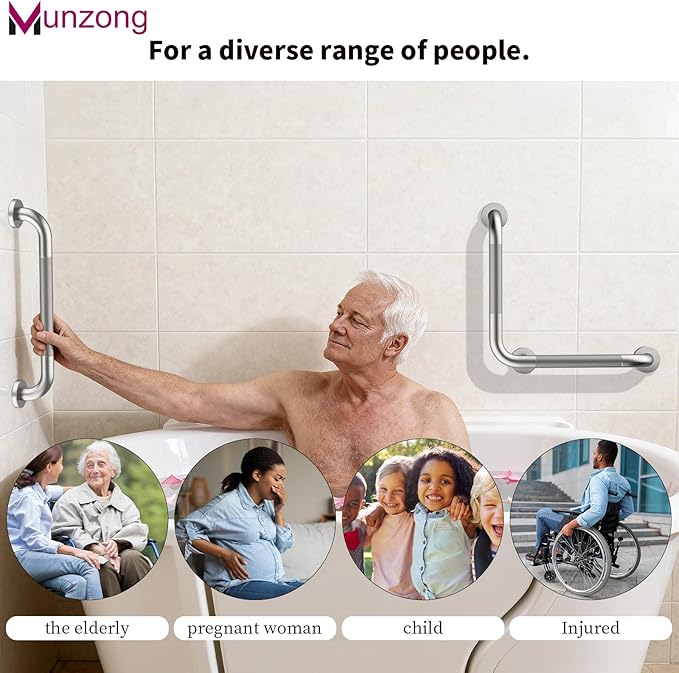 16 Inch Anti Slip Angled Shower Grab Bars with Munzong 20 Inch Stainless Steel Bathroom Grab Bar Brushed Nickel Toilet Handicap Grab Rail Knurled Safety Handle Support Elderly Injury Senior Bath