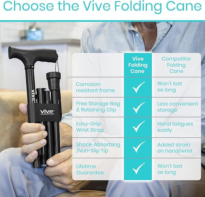 Vive Folding Cane - Foldable Walking Cane for Men, Women - Fold-up, Collapsible, Lightweight, Adjustable, Portable Hand Walking Stick - Balancing Mobility Aid - Sleek, Comfortable