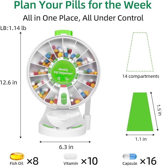 14-Day Standing & Wall-Mounted Pill Dispenser, Easy to Use for Seniors & Arthritis, Push Button Medication Organizer with Large Compartments for Fish Oil/Medicine/Vitamin/Supplements, Green