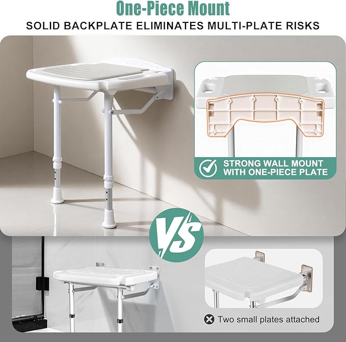 Wall Mounted Shower Seat with Arms, 2mm Thick Aluminum Frame Supports 550lbs, Folding Shower Chair with Memory Foam Cushion, 8 Adjustable Heights, Fold Down Bathroom Bench for Seniors & Disabled