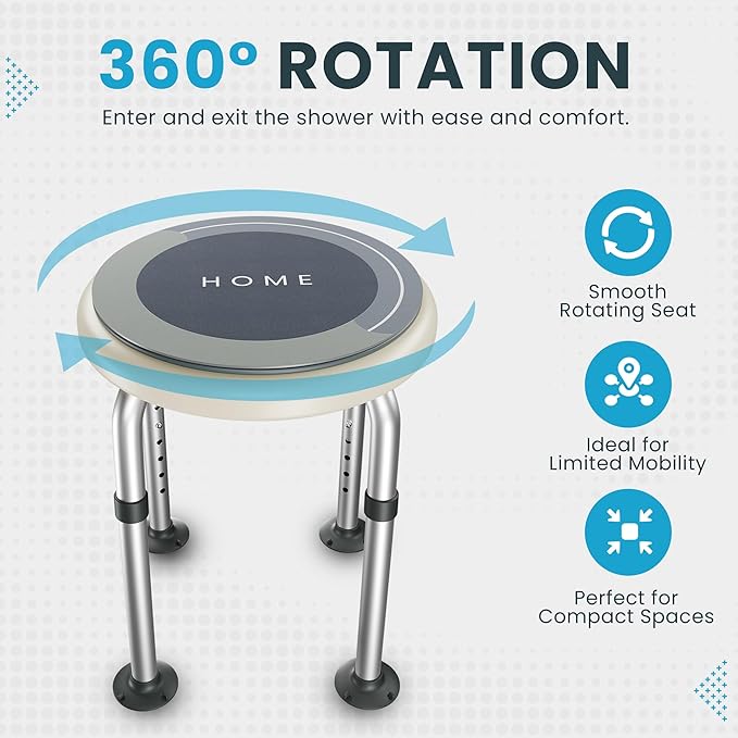 Swivel Shower Stool for Inside Shower – 360° Rotating Bath Chair for Seniors, Adults & Elderly, Adjustable Height Shower Seat with Non-Slip Feet, Aluminum Frame, Safe Round Stool for Daily Use