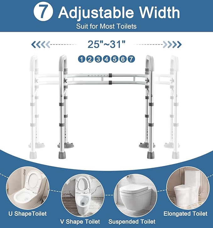 Toilet Safety Rails for Seniors (350 LBS), Adjustable Toilet Safety Frame for Elderly and Disabled, Foldable Handicap Toilet Assistance Rail Fits Most Toilets, White