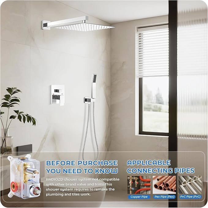 Chrome Shower Faucet Set, 10 inch Rain Shower System with Pressure Balance Valve, Wall Mounted 2-Functions Bathroom Shower Systems with Rain Shower and Handheld Spray Shower Trim Included