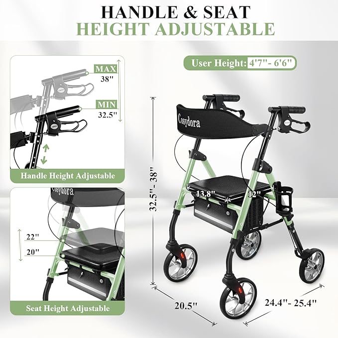 Cosydora Rollator Walkers for Seniors with Seat, 13.6 Lbs Ultra Lightweight Foldable Rolling Walker, 350Lbs Heavy Duty Aluminum, 8" All Terrain Wheels, Dual Adjustable Height, Sage Green