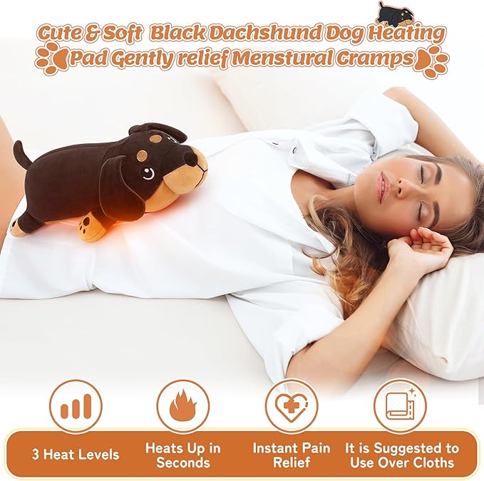 Electric Heating Pad for Period Cramps, 14'' Black Dachshund Dog Plush with a Hot Soft Belly USB Powered, Menstrual Heating Pad Neck Shoulder Pain Relief, Gift for Daughter Wife Period Heating Pad