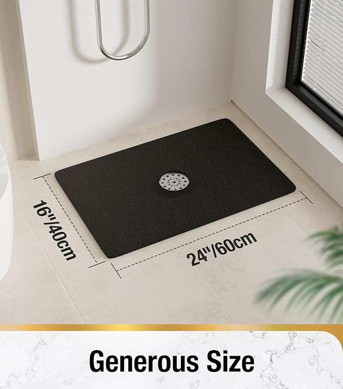 HITSLAM Shower Mat with Center Drain Hole, 24 x 16 Inch Non Slip Bath Mat for Textured Tub, Soft Loofah-Style Bathtub Mat Without Suction Cup, Quick Drying Stall Floor Mat, Bathroom Accessories, Black
