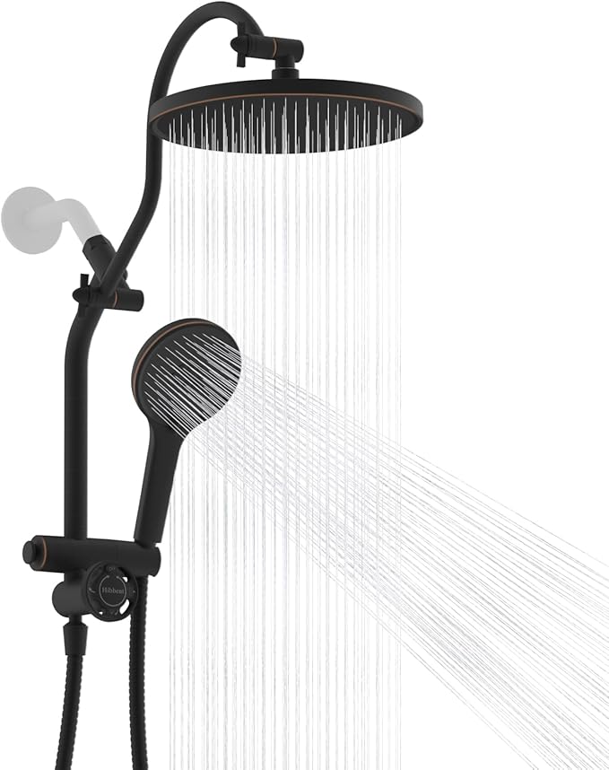 Hibbent cUPC Certified Self-cleaning Shower Head Combo, High Pressure 10'' Rain Showerhead with 3-Spray Handheld, All Metal Arm with Easy Reach 4-way Diverter, 71" Hose & Holder, Oil-rubbed Bronze