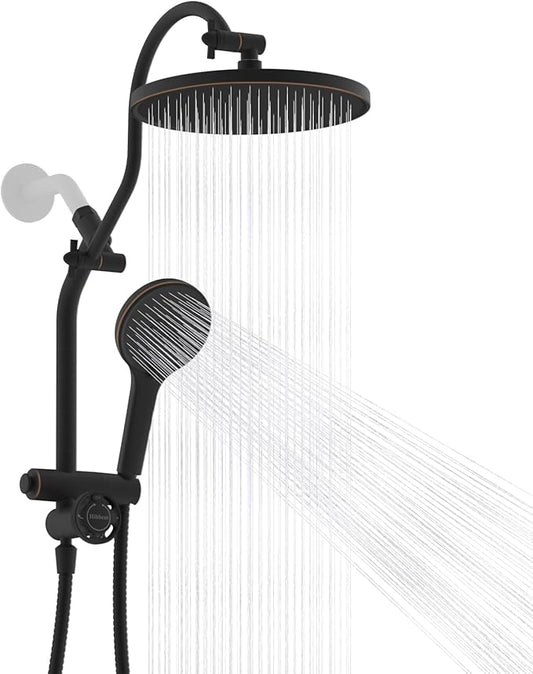 Hibbent cUPC Certified Self-cleaning Shower Head Combo, High Pressure 10'' Rain Showerhead with 3-Spray Handheld, All Metal Arm with Easy Reach 4-way Diverter, 71" Hose & Holder, Oil-rubbed Bronze