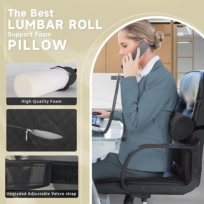 Lumbar Roll Pillow for Lower Back, Lumbar Support Foam Roll Cushion with Pillowcase and Upgraded Strap for Office, Chair, Car, Seat Pain Relief & Improving Posture (Dark Grey, Long-15 * 4.3'')