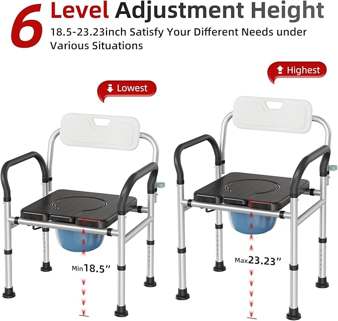 Heavy Duty Bedside Commode Chair with Adjustable Height, Raised Toilet Seat with Arms Handles and Back Support for Elderly, Portable Bedside Toilet with Bucket（Width 19.69")