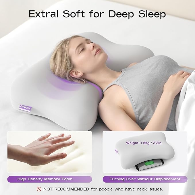 ZZ-WELL Side Sleeper Pillows - Patented Cervical Neck Pillow for Sleeping with Cooling & Removable Cover- High Loft Heavy Density Memory Foam Pillow for Side Back Sleepers (Light Grey)