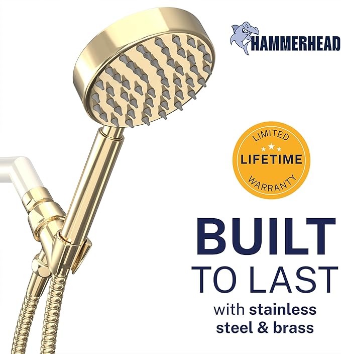 HammerHead Showers® Solid Metal LOW FLOW Handheld Shower Head with Hose and Brass Holder - POLISHED BRASS – Water Saving 1.75 GPM Detachable Shower Head - Adjustable Shower Wand Bracket & 6ft Hose