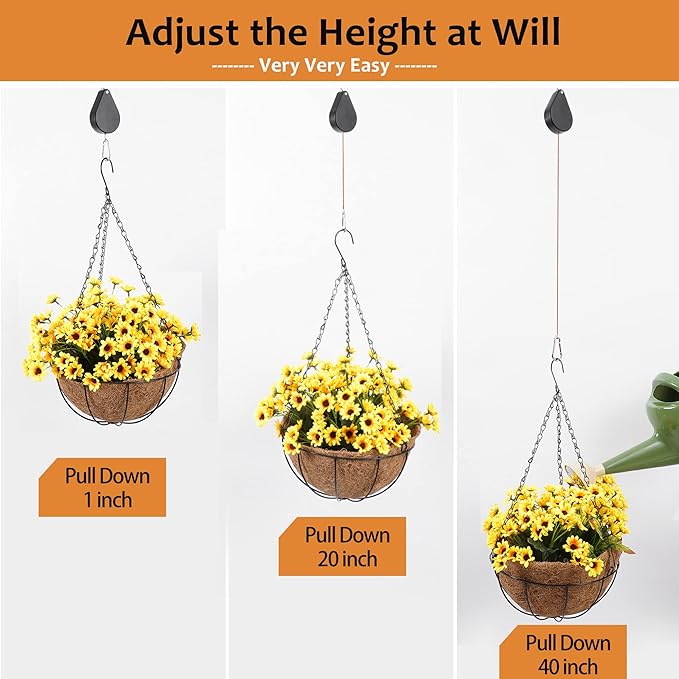 WROSWT Upgraded Retractable Plant Hanger,Plant Pulleys for Hanging Plants,Easy to Raise and Lower,Auto Lock,Heavy Duty, Adjustable Hook for Flower Pots,Birds Feeder (1 Pack, Black)