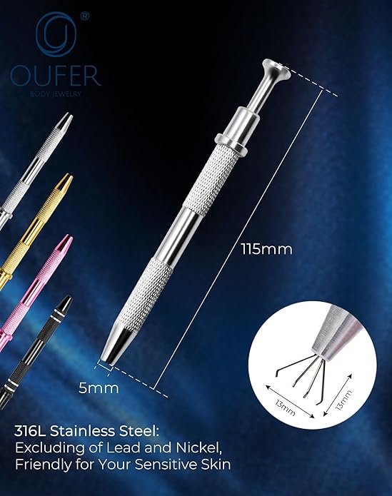 OUFER Piercing Ball Grabber, 16G 18G Flat Back Earrings Piercing Guide needle Tool, Surgical Steel Internally Threaded Push Pin External Thread Assistant Body Piercing Kit for Ear Nose Lip Tool