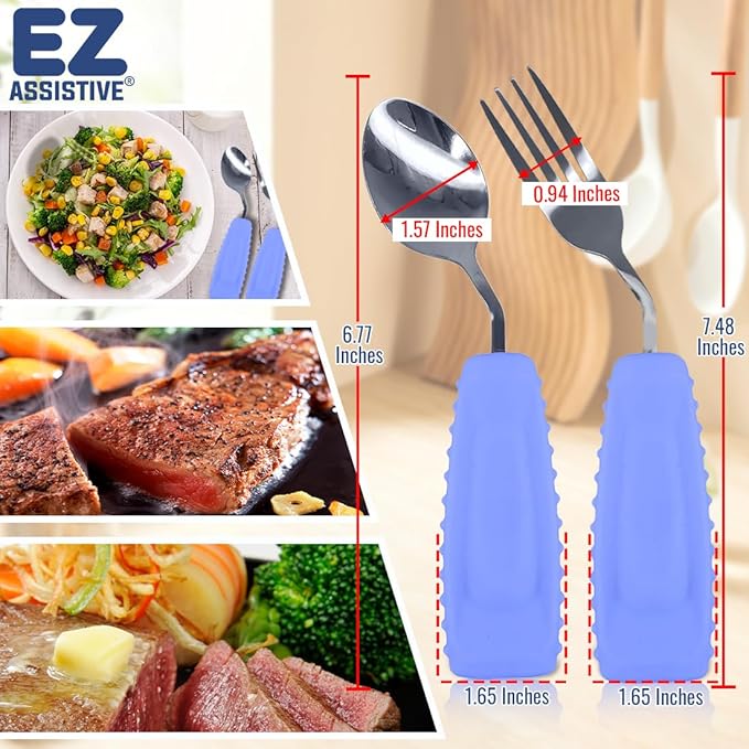 Adaptive Utensils Set – Ergonomic Angled Fork & Spoon for Parkinson's, Tremors, and Stroke Recovery – Weighted Utensils for Hand Tremors, Non-Slip Silicone Grip, Dishwasher Safe