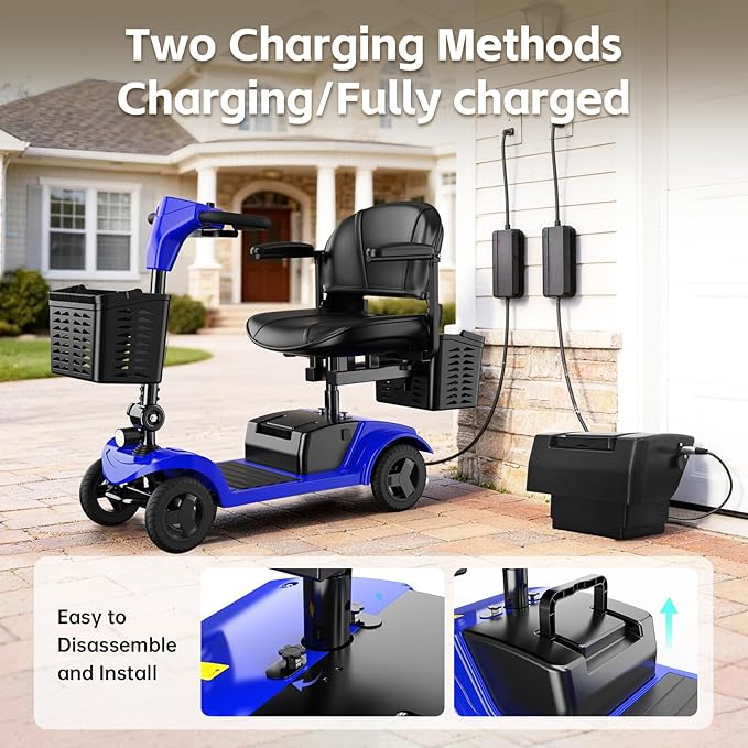 Mobility Scooter,Folding Motorized Scooter,300 lbs Capacity, Equipped with 300W Motor,Removable Battery,Dual Baskets,15 Miles Travel,Suitable for All Terrains (Blue)