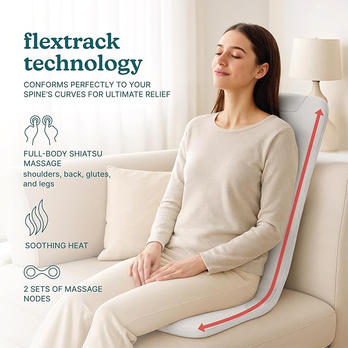 Homedics ShiatsuFlex Back Massage Cushion with Heat, Advanced Shiatsu Therapy, FlexTrack Technology, Deep-Kneading for Pain Relief in Back, Shoulders & Leg Muscles, Lightweight & Portable