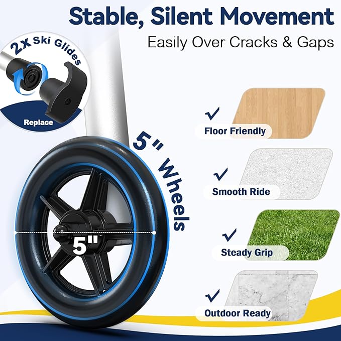 Folding Walkers for Seniors with Basket and Glide Skis, 5" Wheels Lightweight Rolling Walker, Support Up to 350 lbs, Height Adjustable Standard Compact Walker, Silver