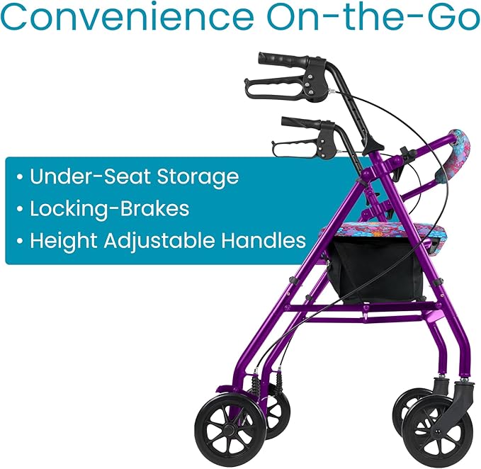 Vive Ultra Lightweight Rollator Walker with Seat - Foldable, Narrow, Rolling Senior Walker for Small Spaces - 4 Wheel Aluminum Adult Easy Drive Aid with Underseat Accessory