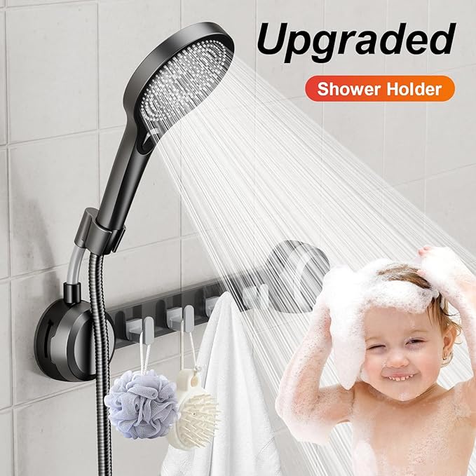Shower Head Holder Suction Cup with 4 Hanger Hook Wall Mount - 2 in 1 Design - No-Drill Strong Adhesive Shower Wand Bracket - Adjustable Handheld Shower Head Mount - Removable and Rust-Resistant
