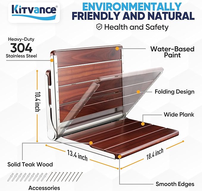[Upgraded Version] 18" ADA Compliant Folding Teak Shower Seat Wall Mounted-Folding Shower Bench, Folding Shower Seat for Inside Shower, Teak Foldable Shower Chair, Fold Down Shower Seat, Max 400lbs