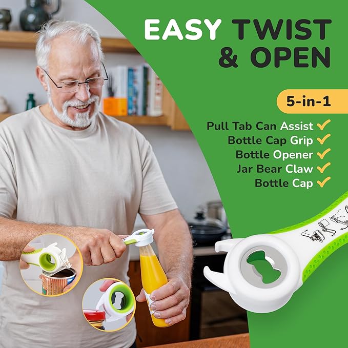 Healthy Seniors Jar Opener for Weak Hands and Seniors with Arthritis, 5 in 1 Multi Function Bottle Opener Lid Opener For Arthritic Hands with Non Slip Gripper For Opening Jars And Bottles (Green)