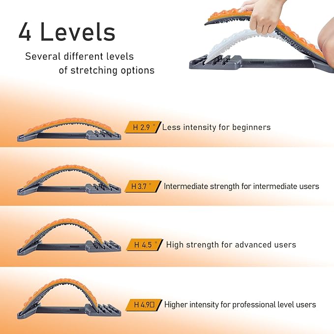 Back Stretcher for Lower Back Pain Relief - 4 Level Adjustable Spine Decompression & Cracking Device, Lumbar Support for Sciatica, Scoliosis and Posture Correction (Orange)