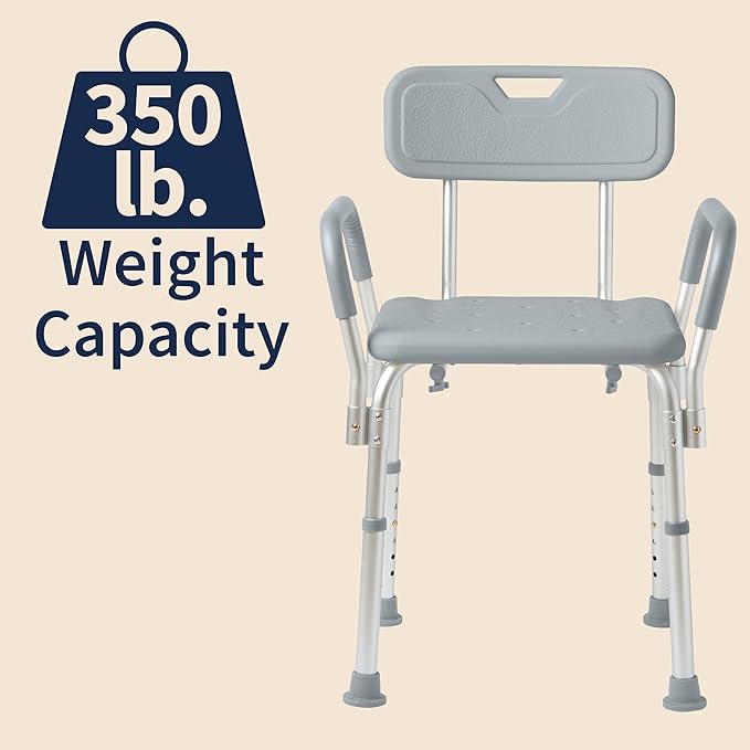 Dr. Dunley Bath Chair for Seniors, Shower Seat with Back, Suction Feet, Non-Slip Adjustable Height Shower Bench for Elderly, 350lb Weight Capacity (Removable Backrest)