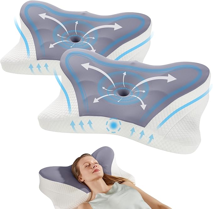 DUMOS Cervical Neck Pillow, Cooling Ergonomic Memory Foam Pillows for Neck Pain Relief with Breathable Pillowcase, Dual Height Orthopedic Support Contour Pillow for Side, Stomach Sleepers, Dark Grey